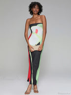 Abstract Print Strapless Side Split Floral Dress