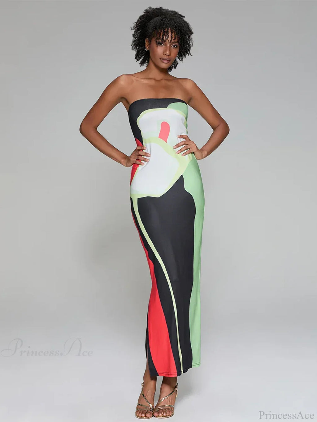 Abstract Print Strapless Side Split Floral Dress