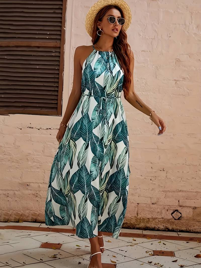 Jocelyn Boutique Halterneck Beach Dress with Leaf Pattern Premium Wardrobe Essential
