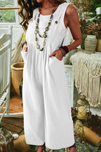 Solid Color Sleeveless Pocket Casual Wide Leg Side Button Jumpsuit