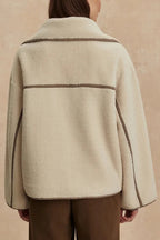 Romane Faux Fleece Fabric Contrast Trim Long Sleeve Knitted Pocket Lapel Loose Jacket