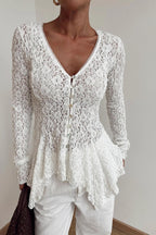 Lace Button Front Slim Elegant Versatile Long Sleeve Blouse