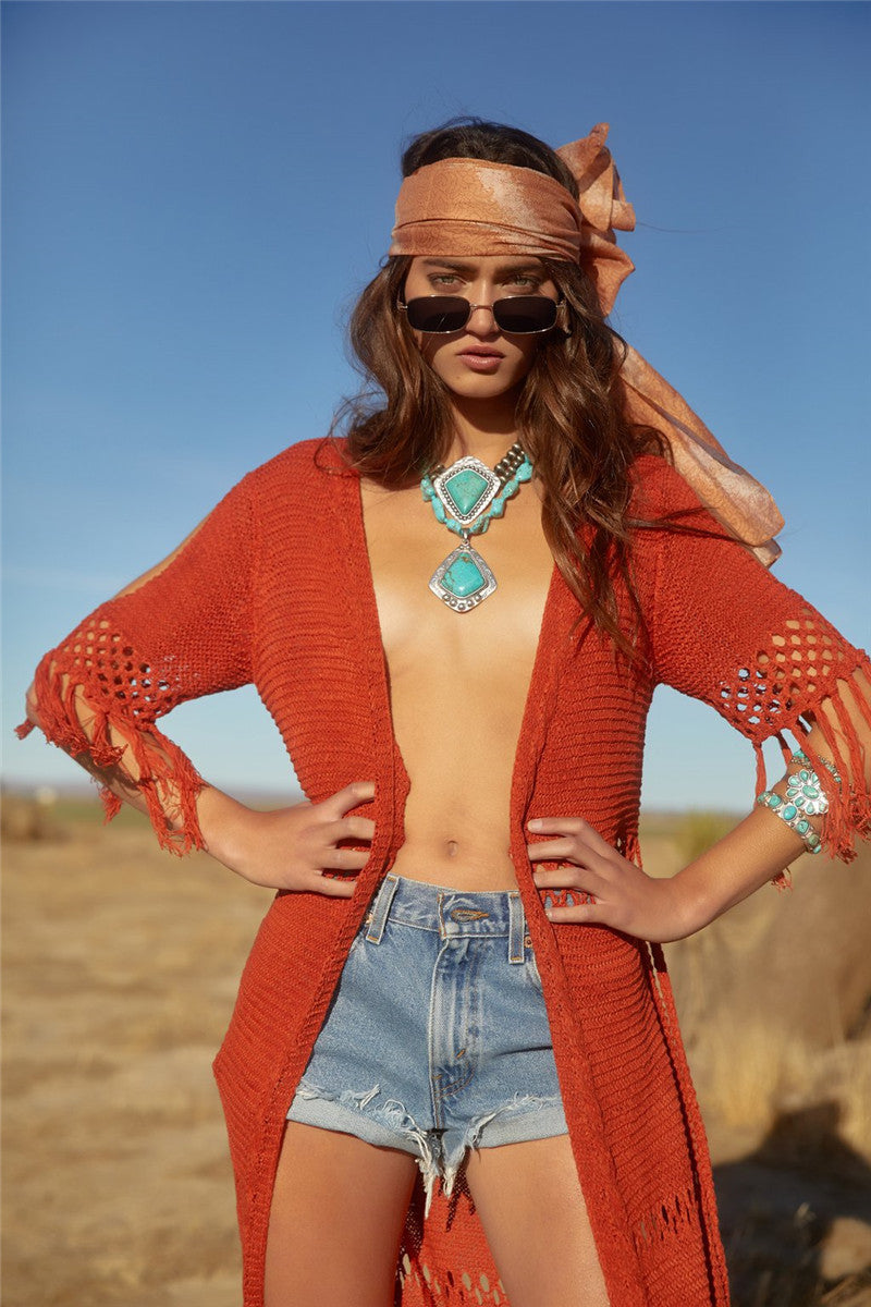 Hollow Knit Fringe Maxi Cover Up