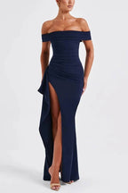 Leah Minimalist Off the Shoulder Maxi Dress with a High Slit Chic Silhouette Collection