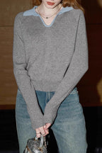 Elegant Grey Ribbed Knit Top