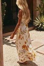 Clover Linen Blend Floral Print Cutout Trim Button Up Side Lace-up Maxi Dress