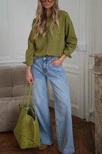 Stylish Denim Colorblock Star Patterned Mid Waist Pocket Wide Leg Jeans