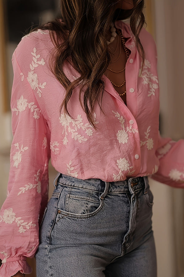 Floral Embroidery Long-Sleeved Button-Up Elegant Shirt