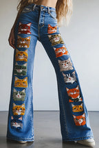Unique Printed High-waisted Pocket Casual Flared Jeans