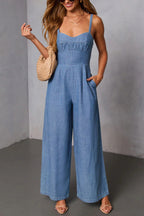 Solid Color Sleeveless Backless Casual Pocket Faux Denim Wide-leg Jumpsuit