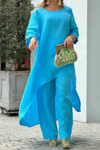 Linen Asymmetrical Long Top + Wide-Leg Pants Set