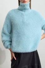 Faux Mink Slouchy Turtleneck Zip-Front Sweater