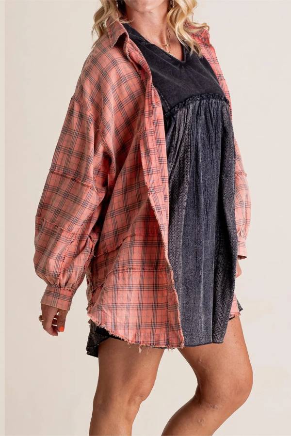 Women's Mineral Washed Button Down Plaid Flannel Shirt