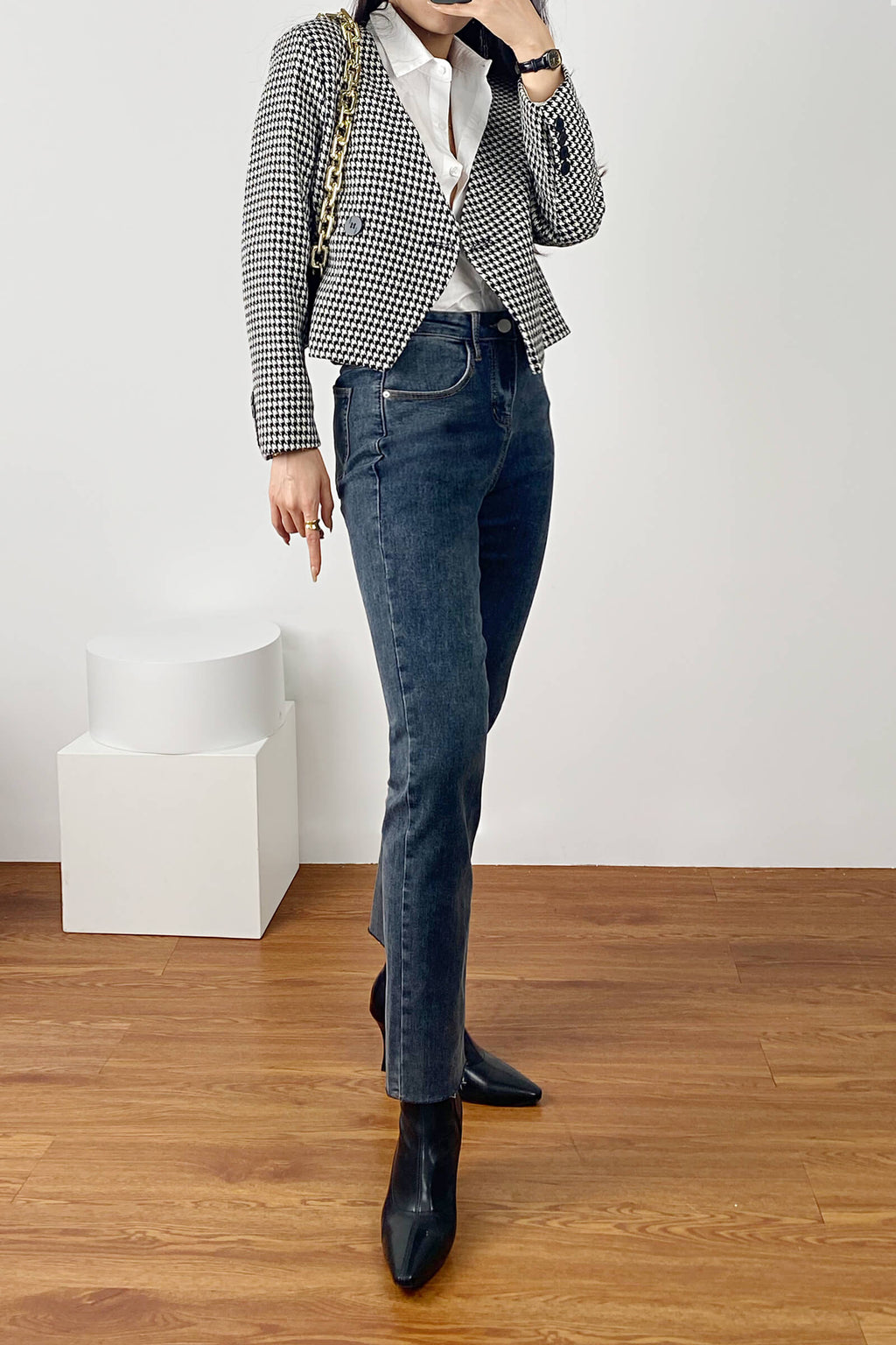 Black Houndstooth V-Neck Double-Breasted Jacket