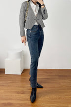 Black Houndstooth V-Neck Double-Breasted Jacket