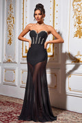 Rhinestone Mesh Bandage Strapless Bodycon Party Dress