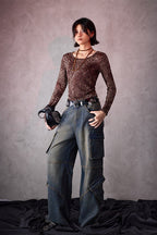Leopard Print U-Neck Slim Long-Sleeve Blouse