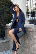 Striped Lapel Long Sleeve Blazer Slit Skirt Set