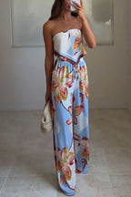 Shades of Cornflower Printed Bandeau Crop Scarf Top and Elastic Waist Pocket Wide Leg Pants Set