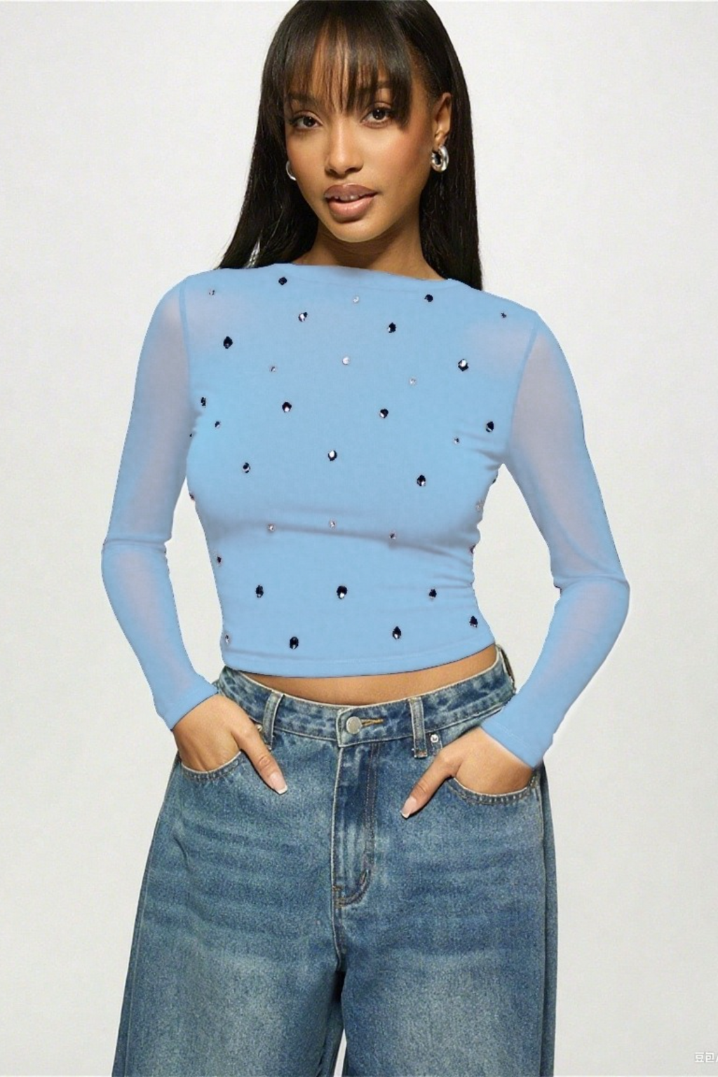 Printed Slim Mesh Sheer Cutout Long Sleeve Crop Top