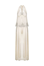 Elegant Morning Satin Lace Trim Halter Tie-up Tank and Elastic Waist Loose Pants Set