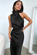Addison Stretch Satin Charming Long Sleeve Midi Dress