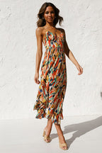 Fabiola Effortless Printed Midi Summer Dress with Ruffle Trim Elevated Occasion Wear