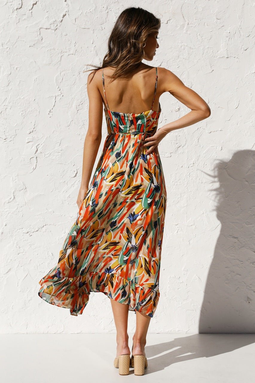 Fabiola Effortless Printed Midi Summer Dress with Ruffle Trim Elevated Occasion Wear