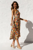 Fabiola Effortless Printed Midi Summer Dress with Ruffle Trim Elevated Occasion Wear