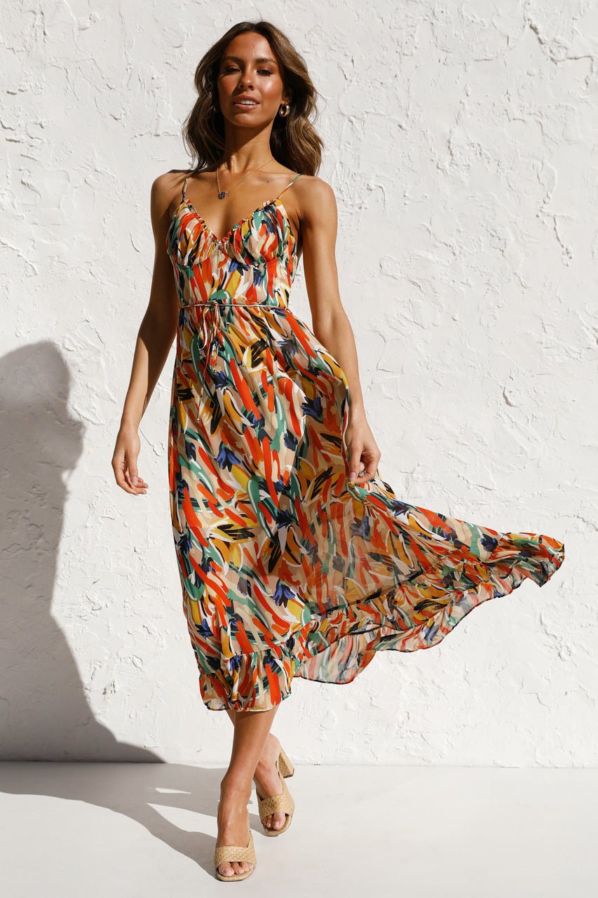 Fabiola Effortless Printed Midi Summer Dress with Ruffle Trim Elevated Occasion Wear