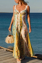Sweet Garden Linen Blend Color Block Floral Paneled Maxi Dress