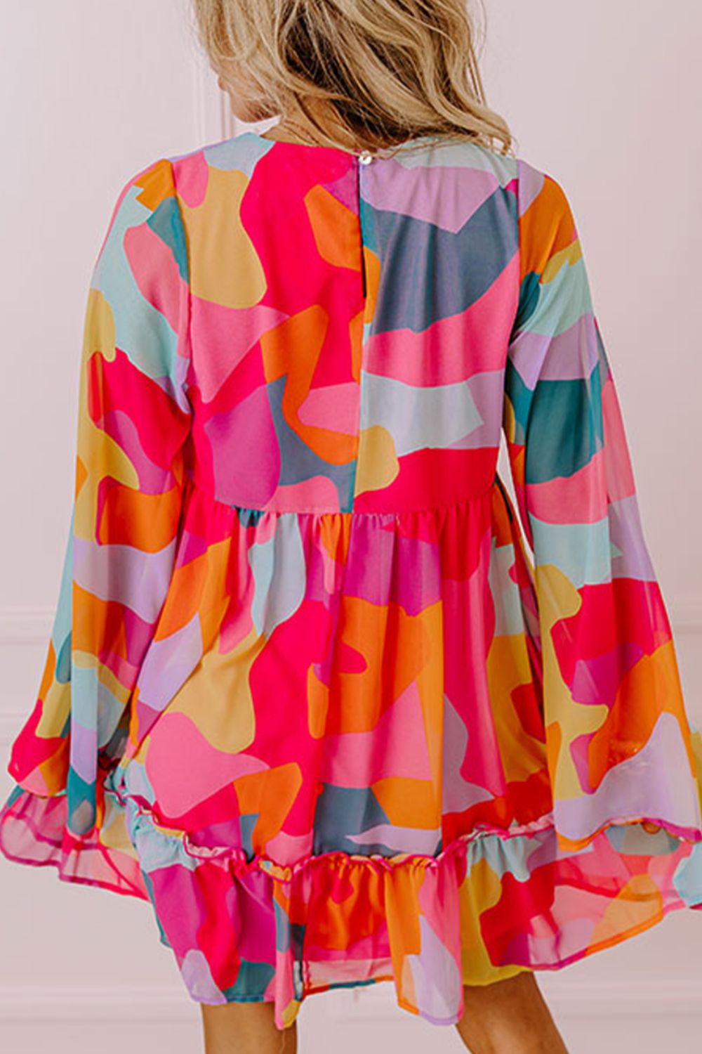 Laura Effortless Long Sleeve Mini Dress with Ruffle Hem and Color Block V Neck Statement Occasion Edit