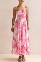 Floral Print Spaghetti Strap Backless Holiday Maxi Dress