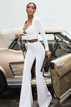 Solid Color Long Sleeve Crop Top Pants Set