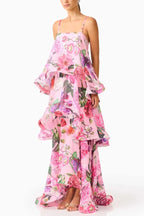 Armani Georgette Fabric Floral Print Tiered Slip Square Neck A-line Maxi Dress