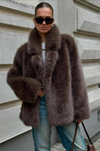 Brown Faux Fox Fur Wide Collar Mid-Length Fluffy Coat