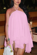 Chiffon Solid Color Halter Backless Irregular Mini Dress