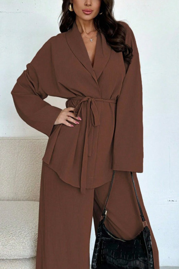 Solid Color Collared Long-sleeved Tie-waist Loose Top and Elastic Waist Casual Wide-leg Pants Set