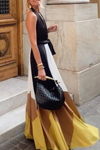 Colorblock Lace-up Backless Sexy Long Swing Dress