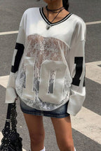 Lace Sheer V Neck Print Sweatshirt