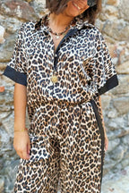 Leopard Print Color Block Short Sleeve Loose Shirt and Elastic Waist Pocket Pants Set