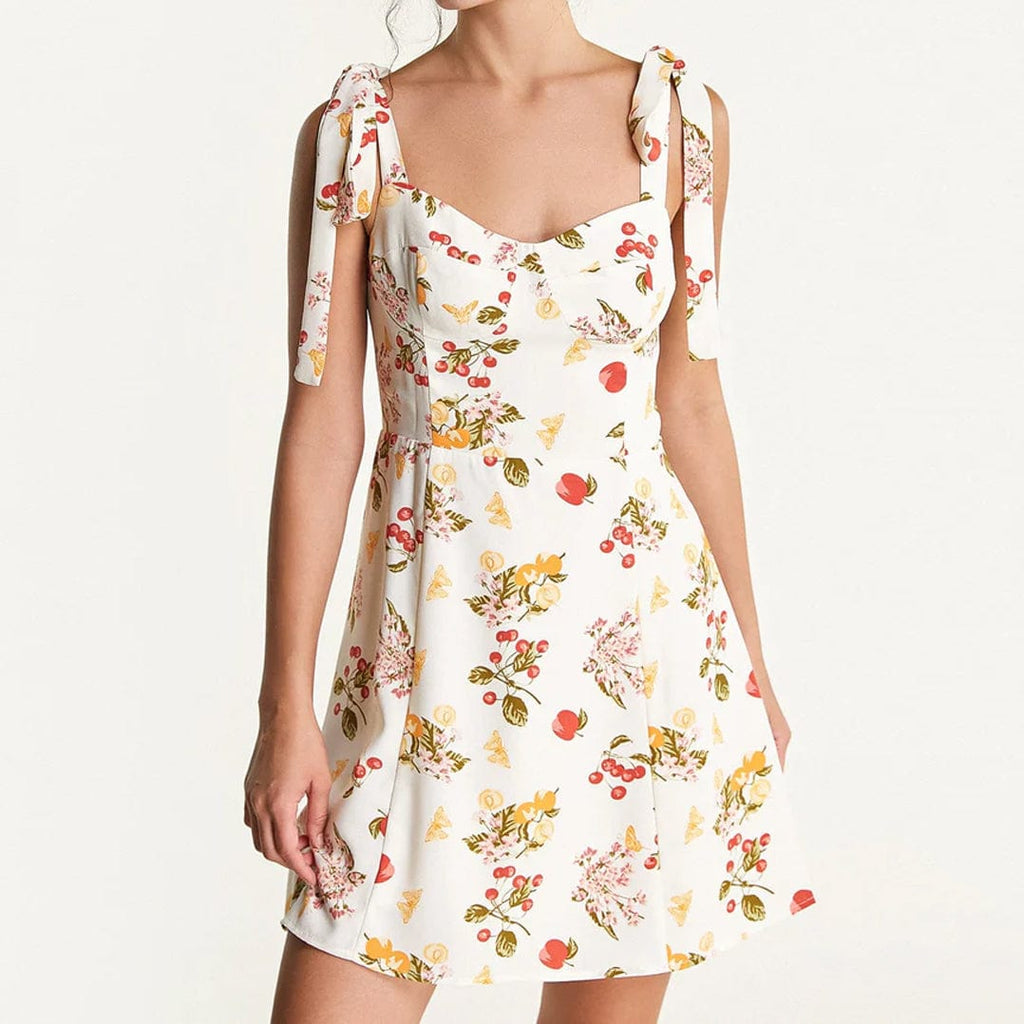 Ivory Fruit Print Tie Strap Mini Dress