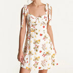 Ivory Fruit Print Tie Strap Mini Dress