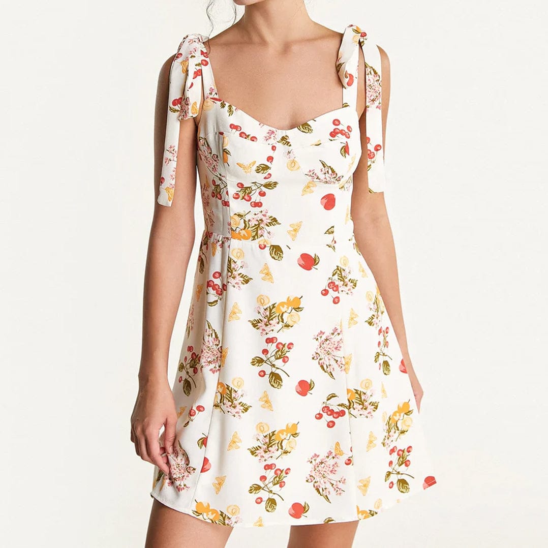 Ivory Fruit Print Tie Strap Mini Dress
