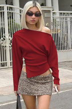 One Shoulder Slit Ribbed Long Sleeve Top