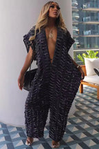 Distressed Denim Deep V Baggy Wide Leg Jumpsuit