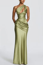 Emina Satin One Shoulder Asymmetrical Neck Cutout Back Lace-up Drape Maxi Dress