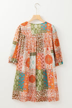 Orange Boho Paisley Mixed Print 3 4 Sleeve Chiffon Loose Dress