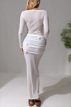 Solid Color 3D Floral Long-sleeved Top and Holiday Slim-fit Beach Maxi Skirt Cover-up Set