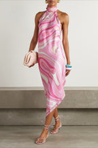 Sexy Floral Satin Backless Halter Midi Dress
